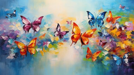 Abstract painting butterfly. Colorful abstract oil acrylic painting with colorful butterflies, knife on canvas - obrazy, fototapety, plakaty