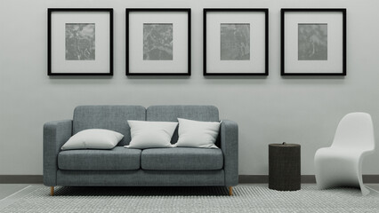 Black and white photo frame in the family room, with 3D rendered sofa and chairs.