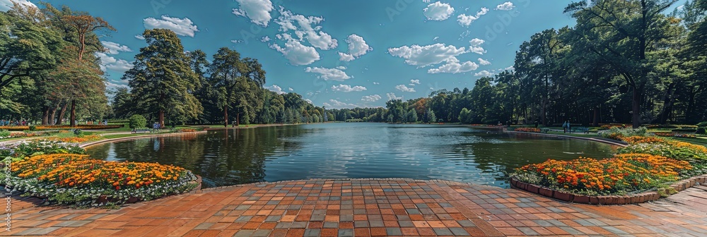 Poster a serene river winds its way through a lush forest, surrounded by vibrant trees and colorful flowers