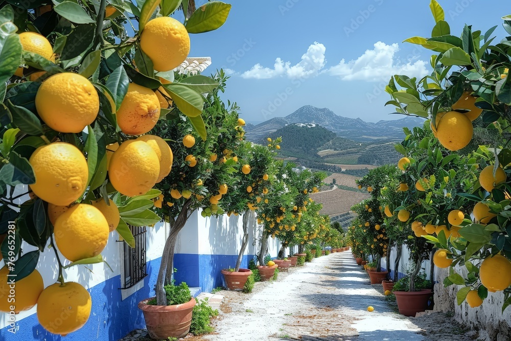 Poster A vibrant row of lemon trees adorned with luscious oranges ripening on their branches, creating a picturesque and unexpected fusion of citrus fruits in a harmonious display of natures wonder