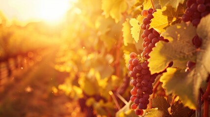 Ripe grapes in a vineyard at sunset with warm sunlight highlighting the bunches.