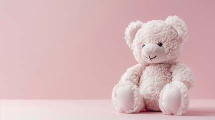 A soft pink bear sits against a pastel background, evoking sense of warmth and comfort. - obrazy, fototapety, plakaty