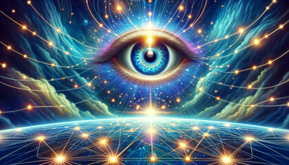 Third Eye in the universe to the scene, symbolizing a heightened state of awareness and cosmic insight, The eye is surrounded by a galaxy of stars and clouds