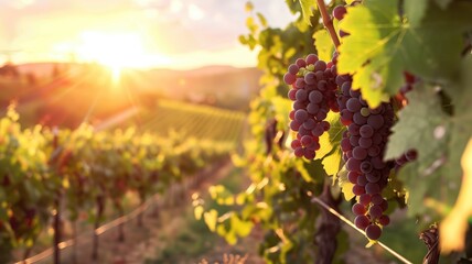 Sunset beams over a lush vineyard, highlighting ripe grape clusters ready for harvest.