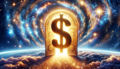 A dollar sign is shown in a space with a lot of stars. The dollar sign is in the middle of a doorway that is open. The stars are scattered around the image, creating a sense of wonder and excitement