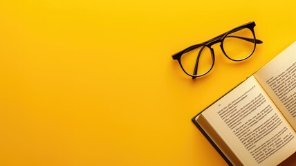 A pair of black glasses on a bright yellow background next to an open book. - obrazy, fototapety, plakaty