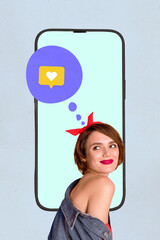 Magazine picture collage image of dreamy lady enjoying getting apple samsung iphone device likes...