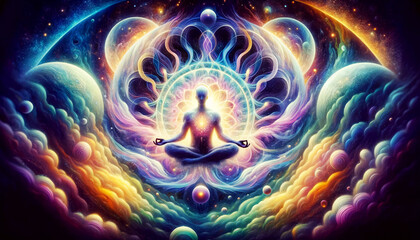 the theme of inner peace and universal love. In this rendition, the colorful aura around