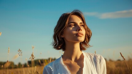 A woman with a contemplative expression standing in a field of tall grass gazing into the distance under a clear blue sky.
