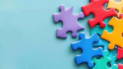 Fototapeta premium Colorful jigsaw puzzle pieces partially assembled on a blue background.