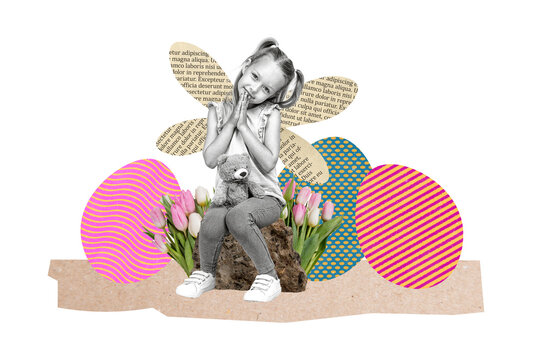 Creative collage photo picture sitting young cute small children girl toy bear ground beauty tulips easter concept celebration