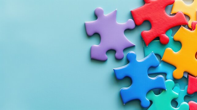Colorful jigsaw puzzle pieces partially assembled on a blue background.