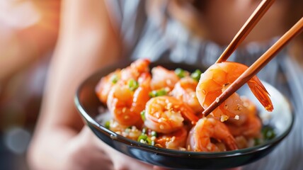 Person holding chopsticks with a shrimp above bowl filled prawns and garnish. - obrazy, fototapety, plakaty