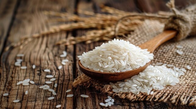 Heap of raw rice in wooden bowl surface out on wooden table. AI generated image