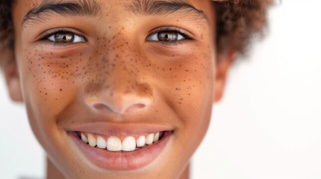 A close-up image of a young person with a radiant smile showcasing their freckles eyes and teeth against a white background.