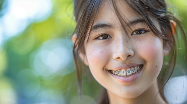 Smiling young girl with braces bright eyes and a radiant complexion set against a soft-focus green background.