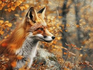 Fototapeta premium Photorealistic image of a fox in the wild, vibrant autumn colors, closeup, natural lighting ,close-up,ultra HD