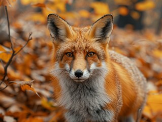 Fototapeta premium Photorealistic image of a fox in the wild, vibrant autumn colors, closeup, natural lighting ,close-up,ultra HD