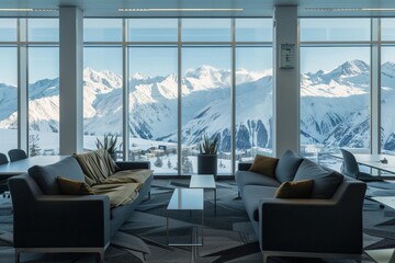office lounge area with view of snowy peaks