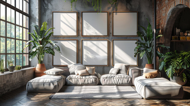A modern loft-style living room with Brutalist design elements, featuring a cozy seating area, large windows, and indoor plants.
