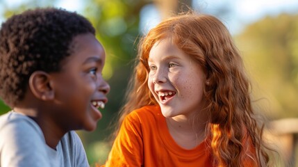 Two young children a boy with dark hair and a girl with red hair smiling and laughing together in a park setting.