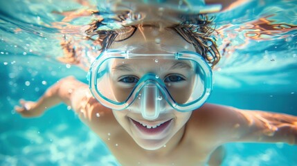 Naklejka premium A young child wearing a snorkel mask smiling underwater surrounded by blue water with bubbles.