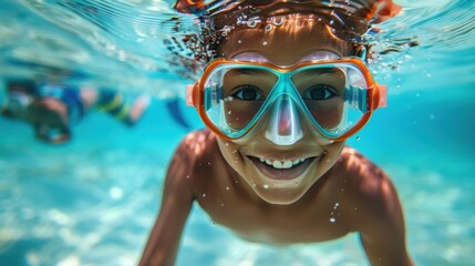 Fototapeta premium A young child with a joyful expression wearing orange and blue goggles swimming underwater with bubbles around them.