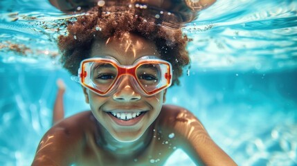 Fototapeta premium A joyful child with curly hair wearing orange goggles smiling underwater in a swimming pool.