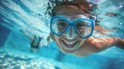 A joyful underwater scene with a person wearing blue goggles smiling broadly and swimming in clear blue water with another swimmer in the background. - obrazy, fototapety, plakaty
