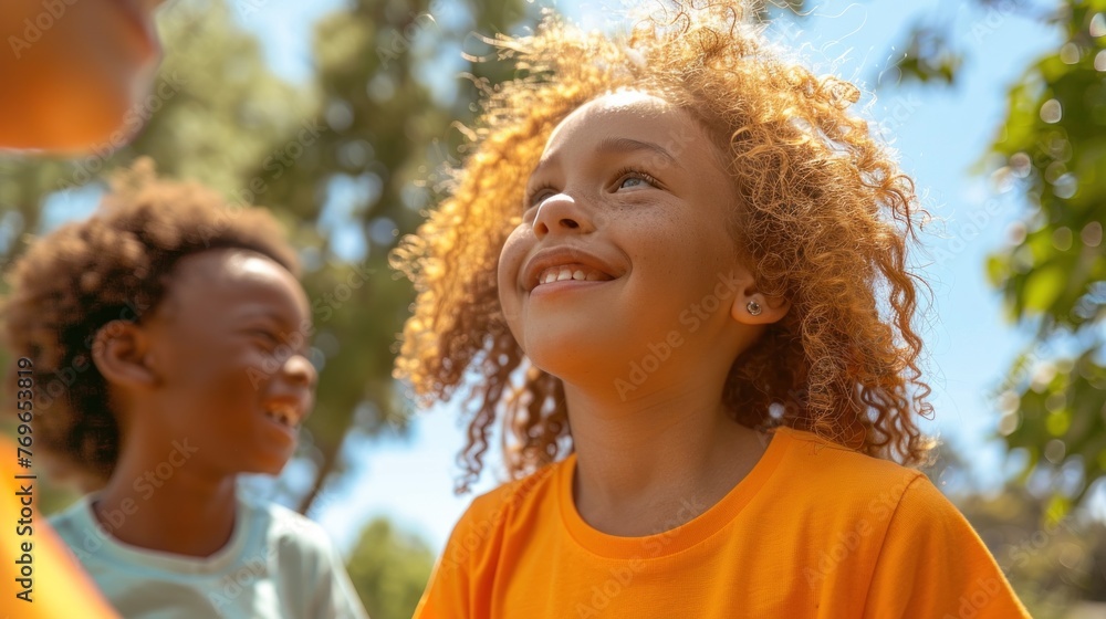 Sticker Two children laughing together sharing a joyful moment under a tree with a clear blue sky in the background.