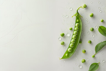 Pea pod with drops on white, copy space. Fresh pea pod with water beads, green peas beans and leaves on light. Green pea pod and leaves with dew, commercial image for ads, promo, flyers, web site
