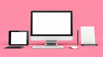 Modern digital devices on pink background.