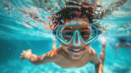 Young child smiling underwater wearing goggles surrounded by blue water with bu bbles and another swimmer in the background.