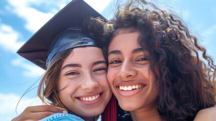 Two young women in graduation caps and gowns smiling and embracing each other celebrating their academic achievement against a backdrop of a clear sky with a few clouds.