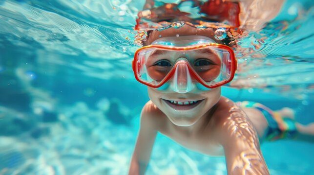 A young boy wearing red goggles smiling underwater with his arm extended towards the camera.