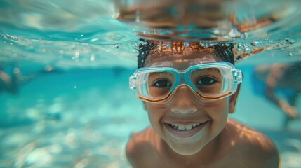 A young boy with a joyful expression wearing goggles and swimming underwater with bu bbles around him. - obrazy, fototapety, plakaty