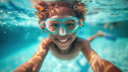 Naklejka premium A young child with a big smile wearing blue goggles swimming in clear blue water.