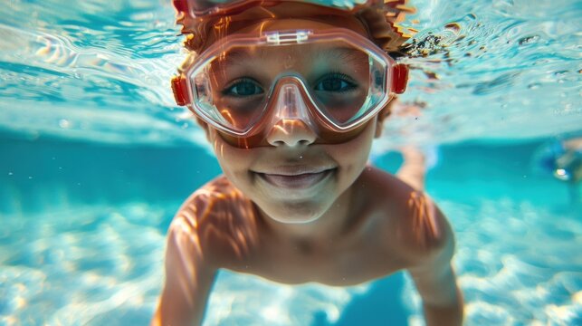 A young child with a joyful expression wearing goggles and submerged in clear water looking directly at the camera.