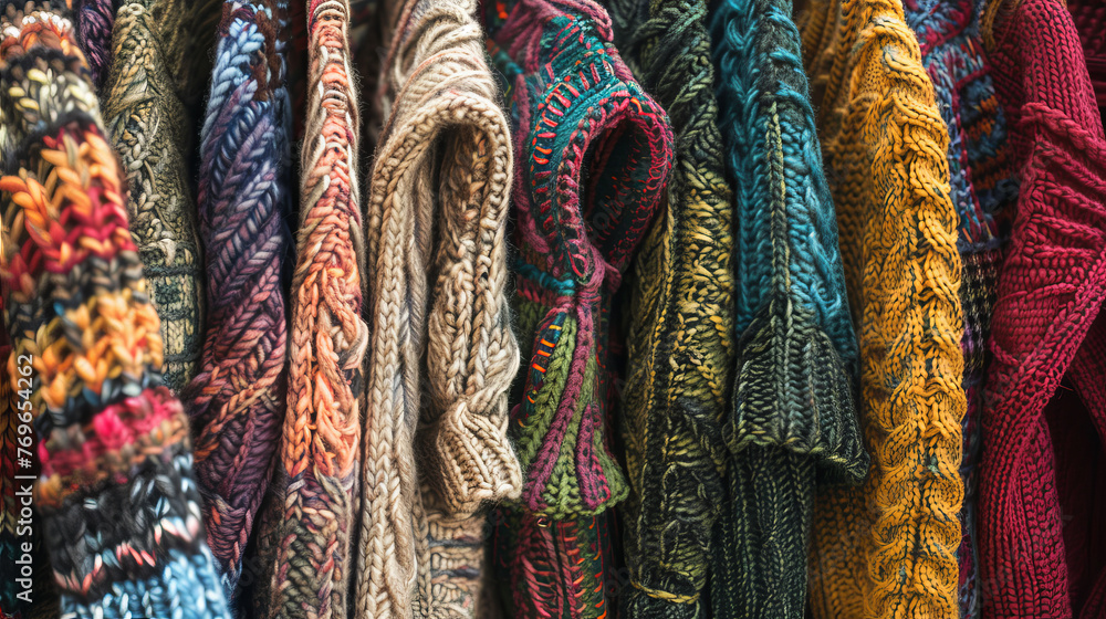 Poster close-up image of several colorful knit pieces showcasing different stitches and patterns, highlight