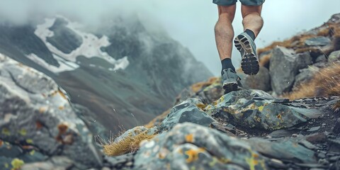 Legs of a man wearing running shoes on a rocky mountain trail during an ultra marathon race. Concept Trail Running, Ultra Marathon, Sports Photography, Adventurous Lifestyle, Action Shots