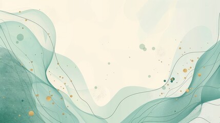 Fototapeta na wymiar A serene abstract with flowing aqua curves, embellished with delicate gold specks and dots..