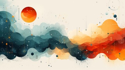 Abstract artwork depicting a cosmic landscape with layered warm tones, circles, and dots..