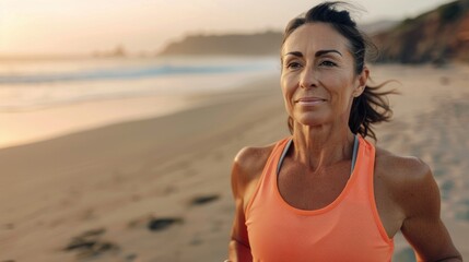 A woman in an orange tank top jogging on a beach at sunset. - obrazy, fototapety, plakaty
