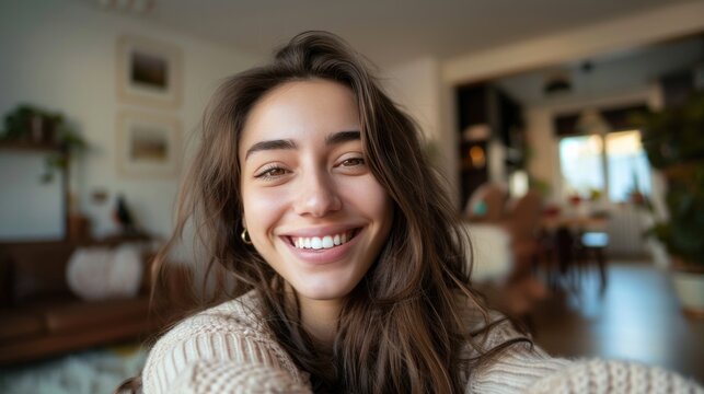Young woman with a radiant smile looking directly at the camera in a cozy well-lit living room setting with blurred furniture and plants in the background.