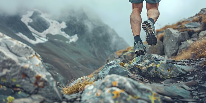 Legs of a man wearing running shoes on a rocky mountain trail during an ultra marathon race. Concept Trail Running, Ultra Marathon, Sports Photography, Adventurous Lifestyle, Action Shots