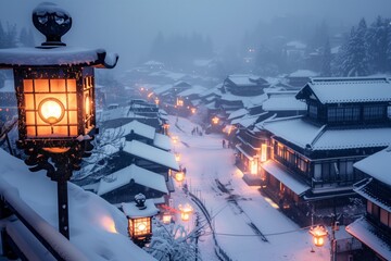 elevated view of a town lit by snow lanterns, streets dusted with snow