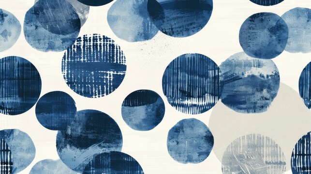 Layered indigo circles with varied textures on a crisp white canvas offer a modern abstract look..