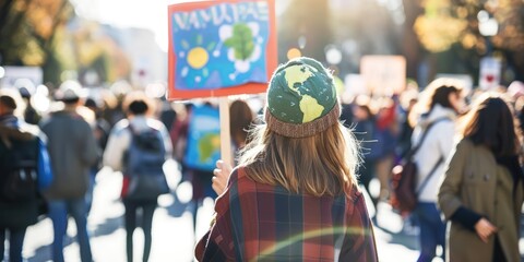 A person holding a sign with environmental slogans at a rally. 