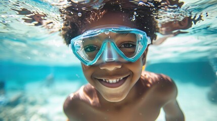 Naklejka premium A young boy with a smile on his face wearing blue goggles underwater surrounded by clear blue water.