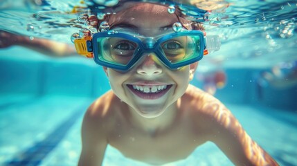 Naklejka premium A joyful child underwater wearing goggles with bubbles around them smiling at the camera.